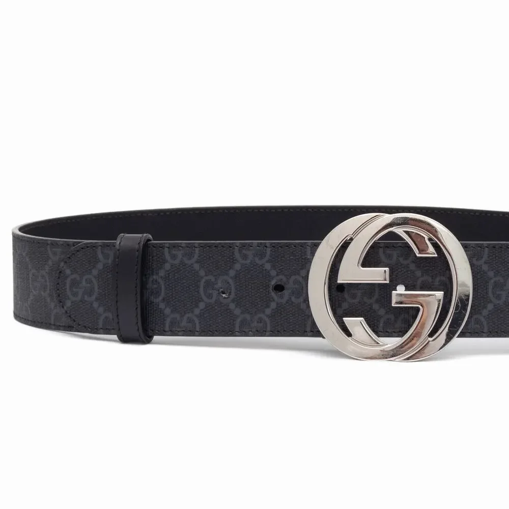 510$ GUCCI Men’s GG Supreme Interlocking G Buckle Black Grey Belt Size 80/32